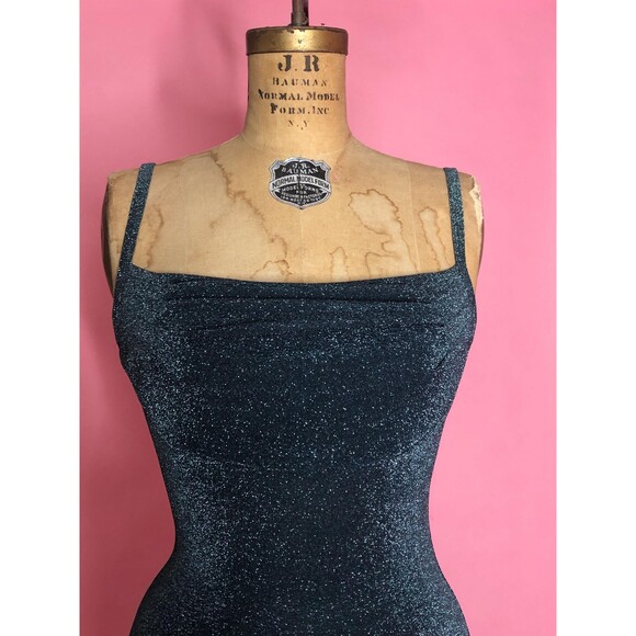 1990s-Y2K ALL THAT JAZZ Green & Silver Glitter Metallic Maxi Dress W/High Slit S - Picture 6 of 9